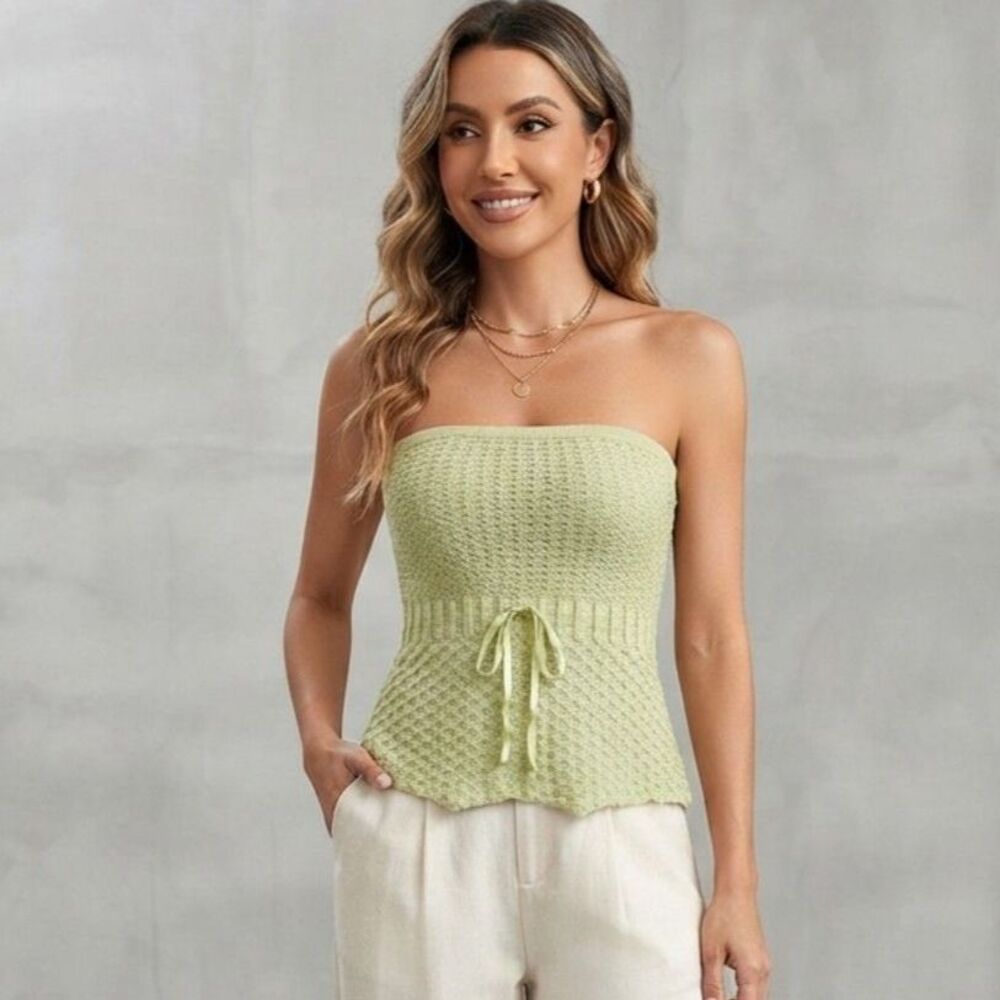 Hollister Strapless Baby Doll Crochet Blouse Women's Size S Light Green Casual